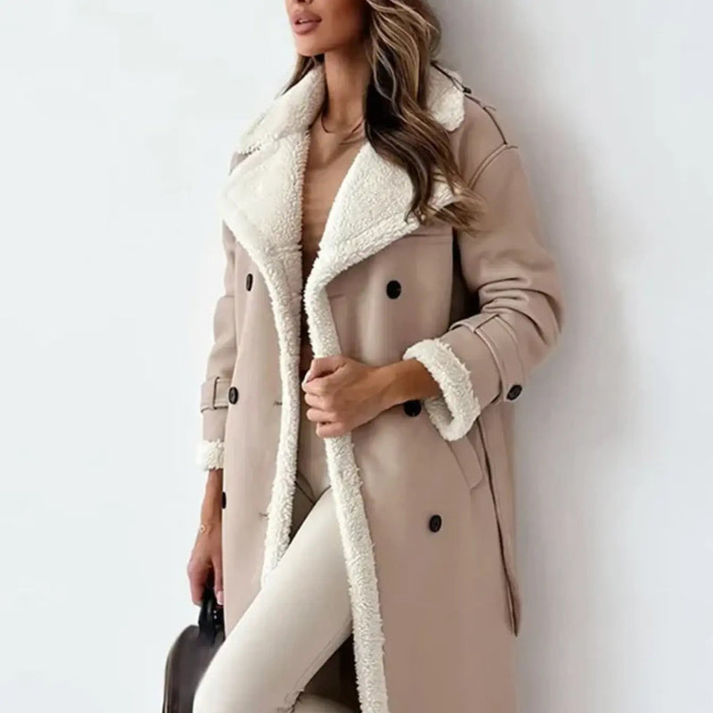 Faith Relaxed Fit Fleece-Lined Long Coat in Apricot, view 6