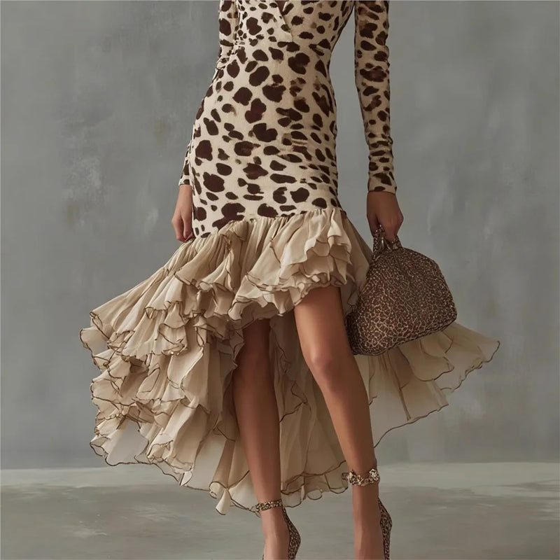 Odalys Leopard-Print Ruffle Dress in Multicolor, view 3